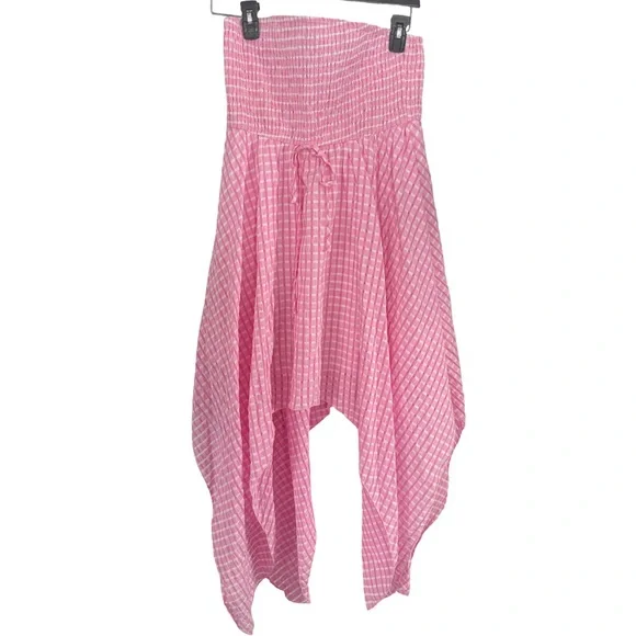Sason Pink Gingham Strapless Smocked Handkerchief Hem Dress | XL - Picture 3 of 6